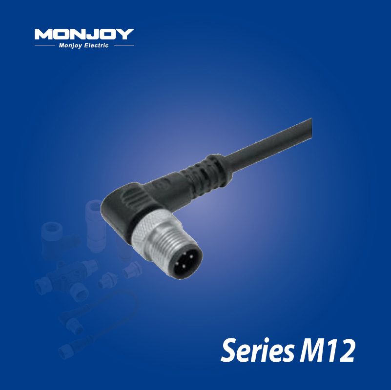 M12*1.0，A标准，弯式，针， 屏蔽，浇铸电缆连接器